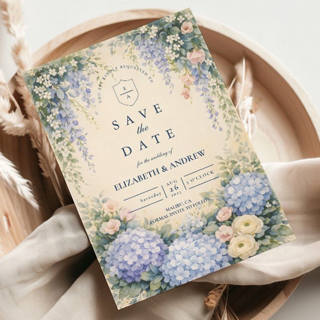Save The Date Blue Hydrangea And Ivory Rose Wedding (Créateur téléchargé)