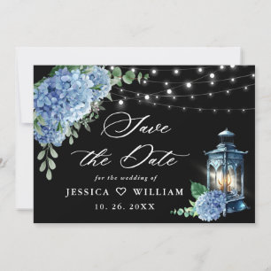 Save The Date Blue Hydrangea Lantern Arrière - plan noir Mariage