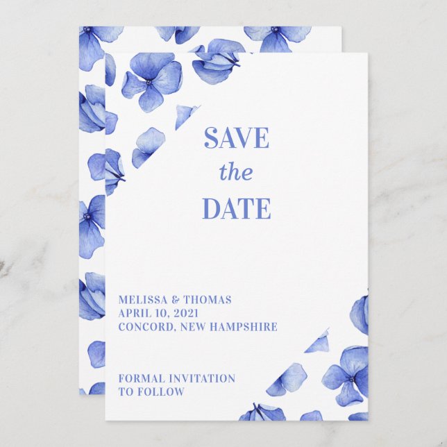 Save The Date Blue Hydrangea Petals Non Photo (Devant / Derrière)