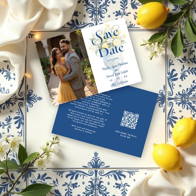 Save The Date Blue Mediterranean Floral Classic Chalice Lemons (Blue Mediterranean Cheerful Floral Classic Chalice Lemons & Flowers Wedding Save the Date Cards.)