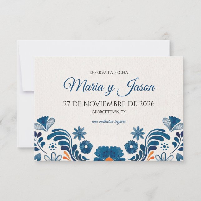 Save The Date Blue Orange Floral Elegant Fiesta Spanish Wedding (Devant)