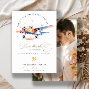 Save The Date Blue Orange Rose Aquarelle Avion Photo Mariage
