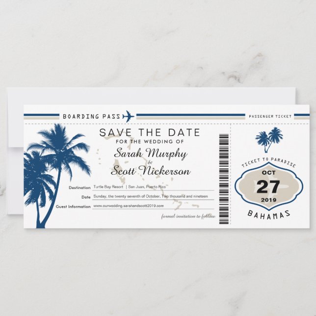 Save The Date Blue Palm Tree Boarding Pass Bahamas Enregistrer l (Devant)