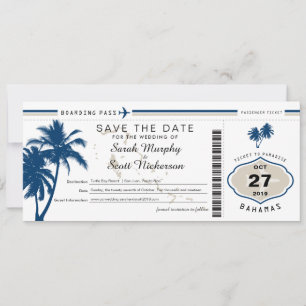 Save The Date Blue Palm Tree Boarding Pass Bahamas Enregistrer l