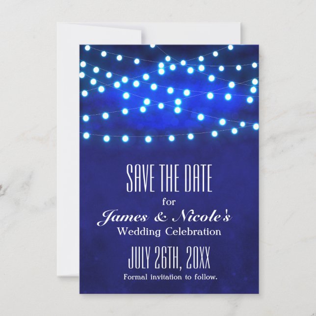 Save The Date Blue Rustic Night String Lights Enregistrer La Car (Devant)