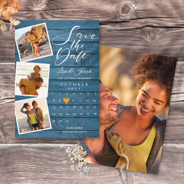 Save The Date Blue Rustic Wood Photo Collage Calendrier Mariage (Créateur téléchargé)