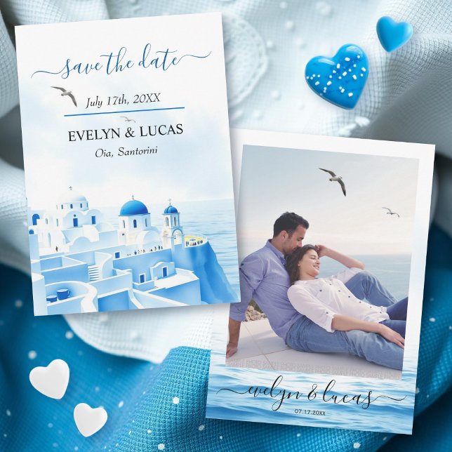 Save The Date Blue Santorini Grèce aquarelle photo mariage (Créateur téléchargé)