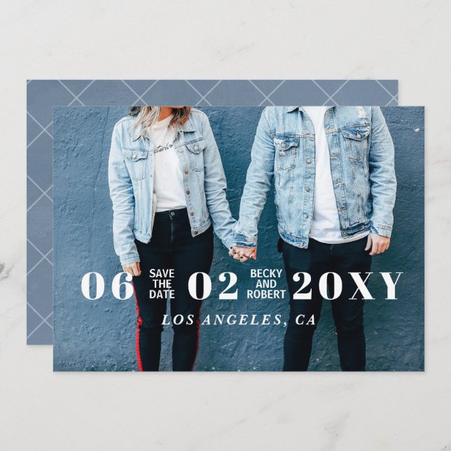 Save The Date Blue Stylish Simple Moderne Typographie Photo (Devant / Derrière)