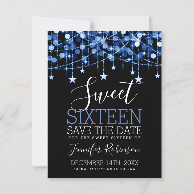 Save The Date Blue Sweet 16 Éclairages à cordes étincelantes Dat (Devant)