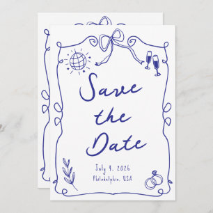 Save The Date Blue Whimsical Fun Quirky Main dessiné Mariage