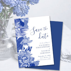 Save The Date Blue White Lotus Floral Chinoiserie Enregistrer la