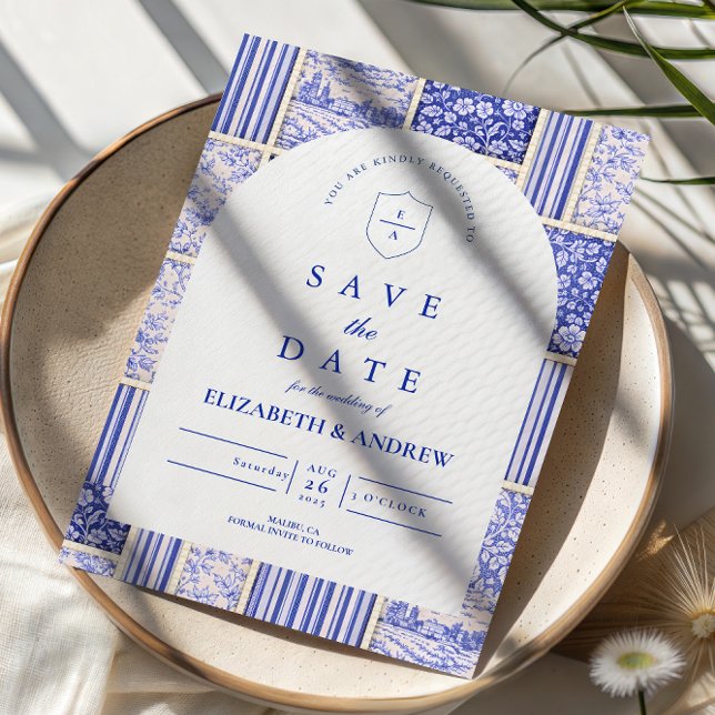 Save The Date Blue White Patchwork Toile Wedding (Créateur téléchargé)