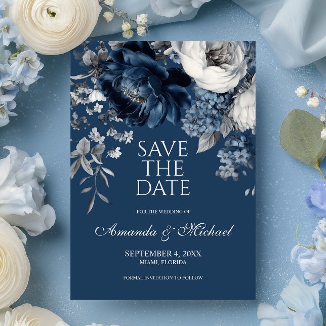 Save The Date Blues modernes et Mariage floral gris (Modern Blues & Gray Floral Wedding Save The Date)