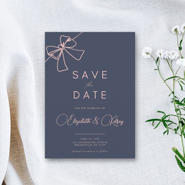 Save The Date Blush Bow Elégance Chic Ardoise Bleu enregistrer l (Créateur téléchargé)