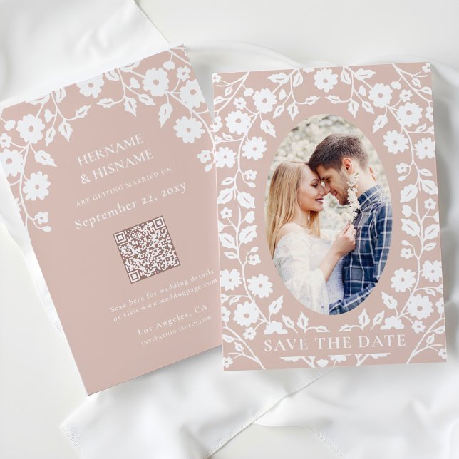 Save The Date Blush Dusty rose Photo QR Code Site Web Folal Flor (Créateur téléchargé)