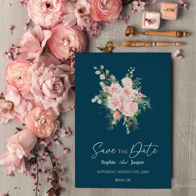 Save The Date Blush Floral Navy Mariage Enregistrer La Date (Créateur téléchargé)