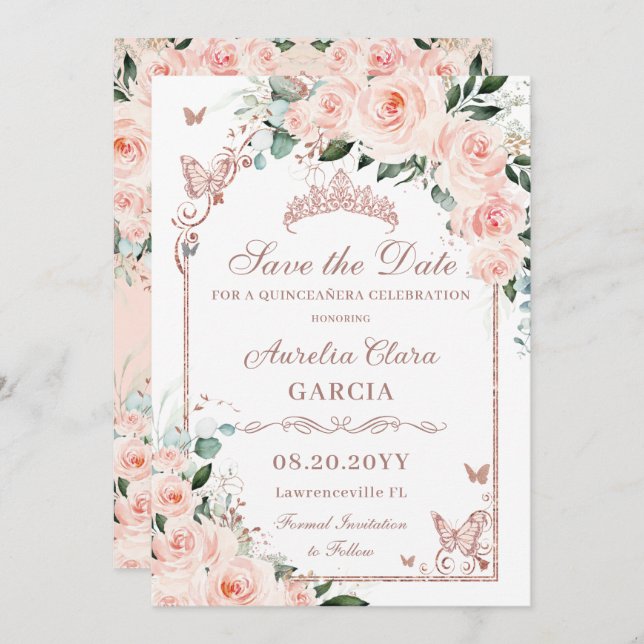 Save The Date Blush Floral Sweet 16 Rose Gold Quinceañera Photo (Devant / Derrière)