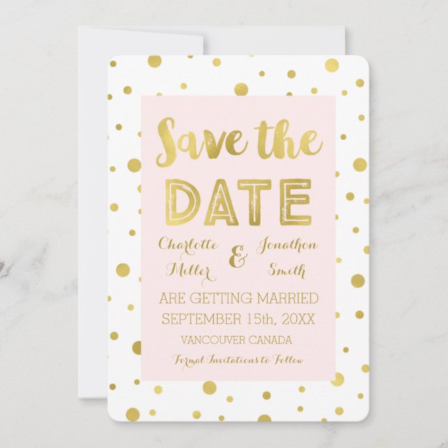 Save The Date Blush Gold Confetti Mariage Photo Enregistrer la d (Devant)