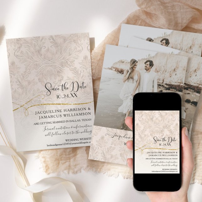 Save The Date Blush Gold Scroll Damask photo engagée (Créateur téléchargé)
