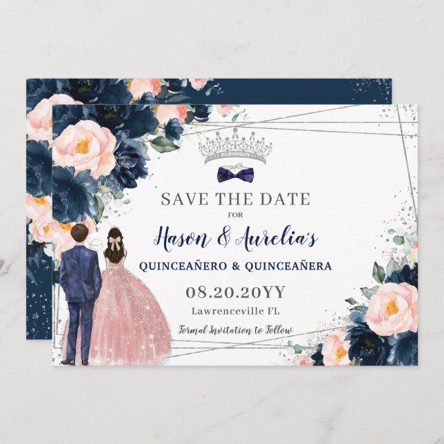 Save The Date Blush Navy Blue Floral Twins Garçon fille Quinceañ (Devant / Derrière)