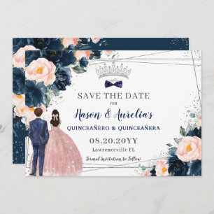Save The Date Blush Navy Blue Floral Twins Garçon fille Quinceañ