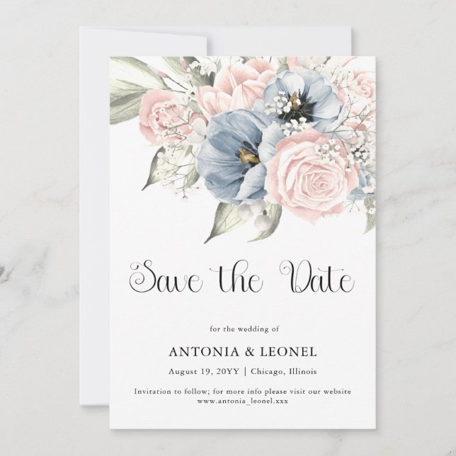Save The Date Blush Pink Blue Floral Wedding Enregistrer la date (Devant)