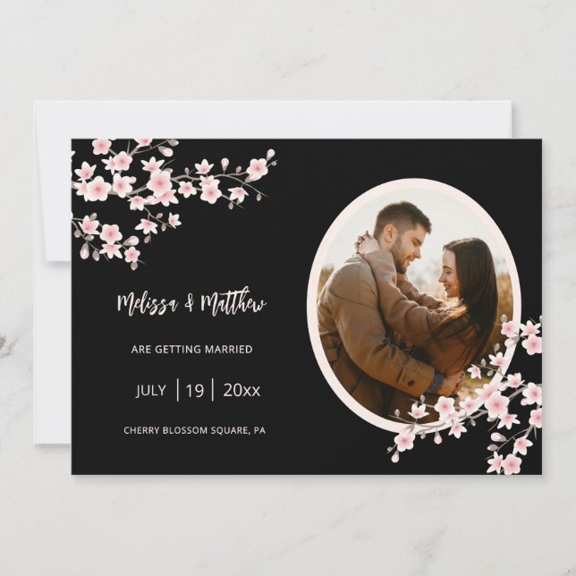 Save The Date Blush Pink Cherry Blossom Black Wedding (Devant)