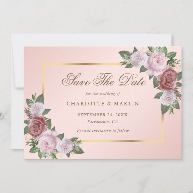Save The Date Blush Pink Gold Floral Wedding Enregistrer Les Car (Devant)