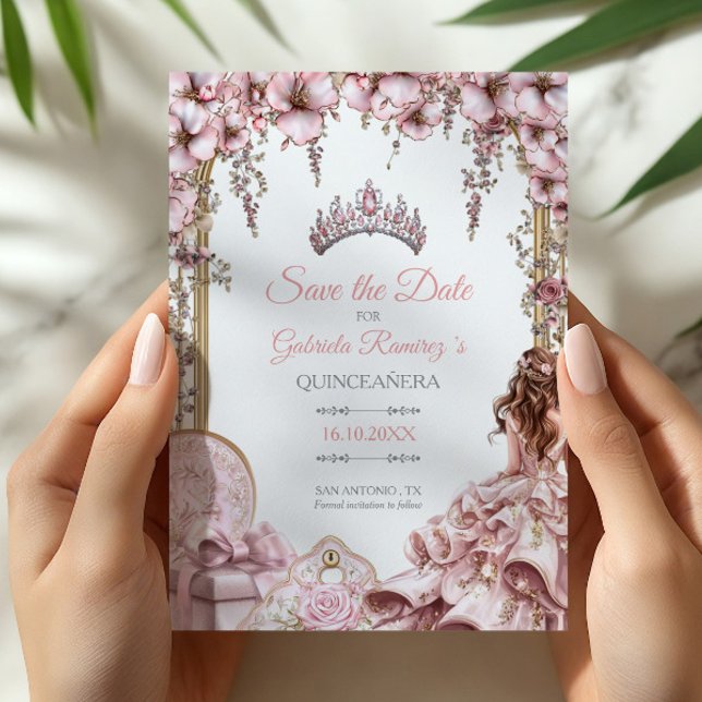 Save The Date Blush Pink Silver Tiara Floral Quinceañera (Créateur téléchargé)
