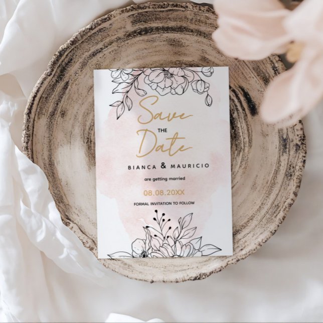 Save The Date Blush Romance avec détails botaniques noirs élégan (Blush Romance with Elegant Black Botanical details Save The Date)