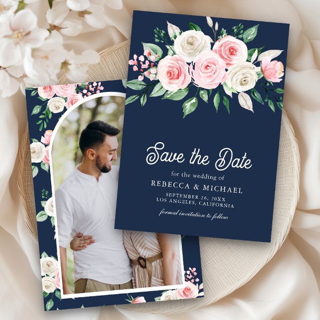 Save The Date Blush rose Floral Navy Bleu Photo Mariage (Créateur téléchargé)
