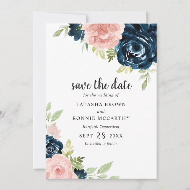 Save The Date Blush Rose Navy Bleu Floral Élégant Mariage (Devant)
