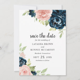 Save The Date Blush Rose Navy Bleu Floral Élégant Mariage