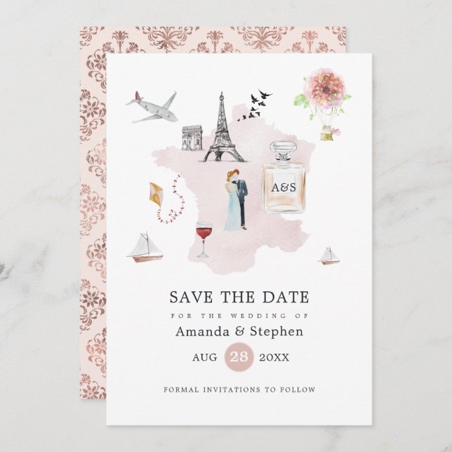 Save The Date Blush Rose & Rose Gold Paris Destination Mariage (Devant / Derrière)