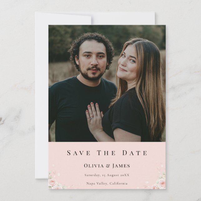 Save The Date Blush Silk Pink Whispered Peta Photo Modern Floral (Devant)