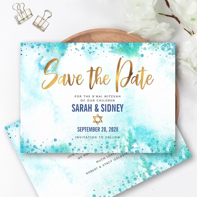 Save The Date B'nai Mitzvah Turquoise Aquarelle Gold Script (Créateur téléchargé)