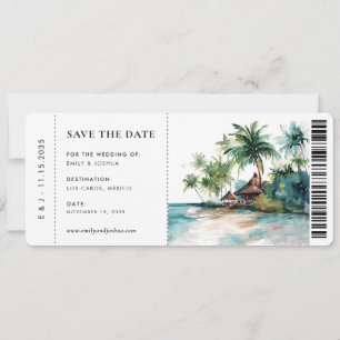 Save The Date Boarding Pass Beach Tropical Watercolor Mariage
