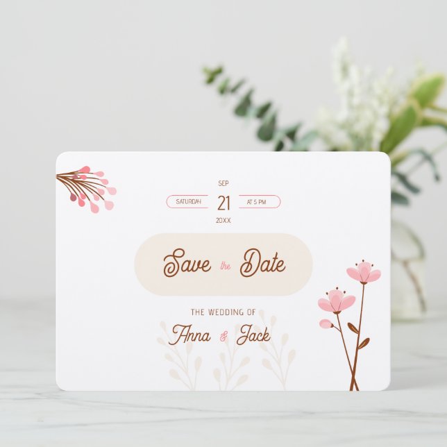 Save The Date Boda flores silvestres rosa y beige botánico (Debout devant)