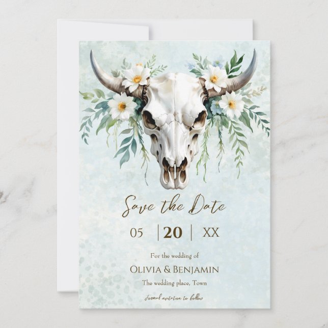 Save The Date Bohème Aquarelle Floral Vache Crâne Mariage (Devant)