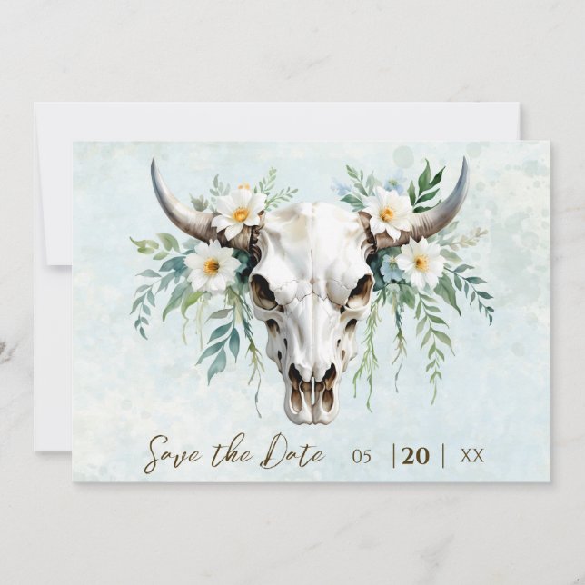 Save The Date Bohème Aquarelle Floral Vache Crâne Mariage (Devant)