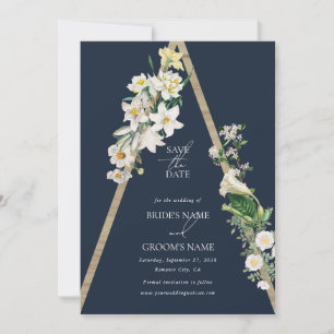 Save The Date Bohème Bohème Pyramide Flore Blanche Mariage Bleu