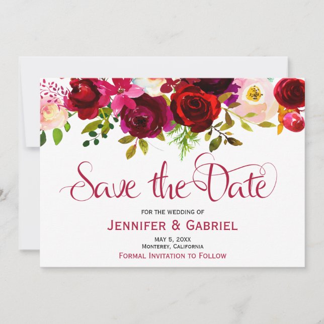 Save The Date Bohème Bourgogne Marsala Floral Enregistrer la Dat (Devant)
