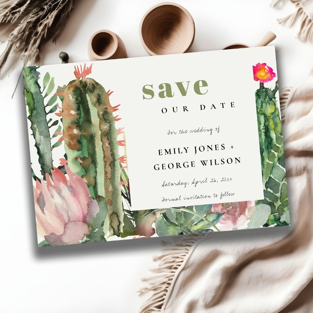 SAVE THE DATE BOHÈME FLEURS ROSES FEUILLAGE DE CACTUS DU DÉSERT  (Créateur téléchargé)