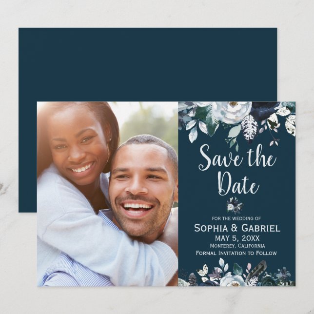 Save The Date Bohemian Navy White Floral Wedding Enregistrer la  (Devant / Derrière)