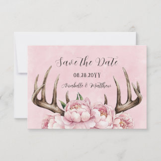 Save The Date Boho Antler avec Mariage Pink Peonies