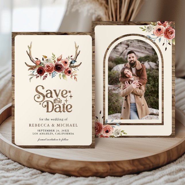 Save The Date Boho Antlers Terracotta Floral Photo Wedding (Créateur téléchargé)