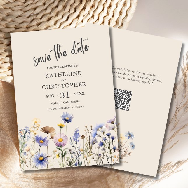 Save The Date BOHO Aquarelle Fleur sauvage Élégant Mariage beige (BOHO Wildflowers Save the Date with Purple, Blue, Yellow Wildflowers, QR Code, Beige Background.)