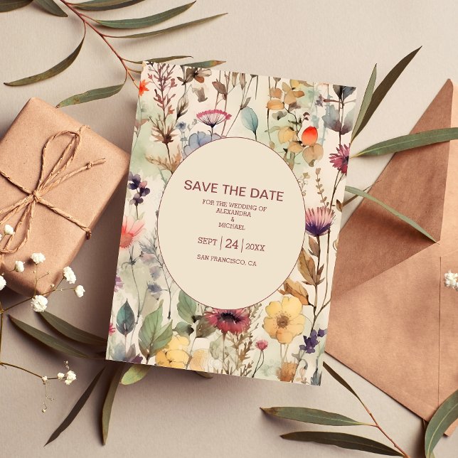 Save The Date Boho Aquarelle Muet Tons Fleurs sauvages (Créateur téléchargé)