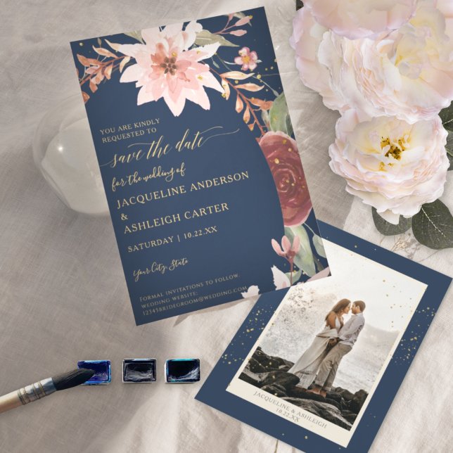 Save The Date BOHO Arc Élégant Marine Blush n Flore rouge avec o (Créateur téléchargé)