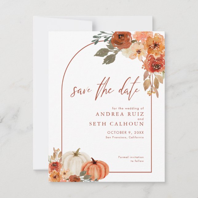 Save The Date Boho Arch Automne Citrouille Floral Terracotte (Devant)